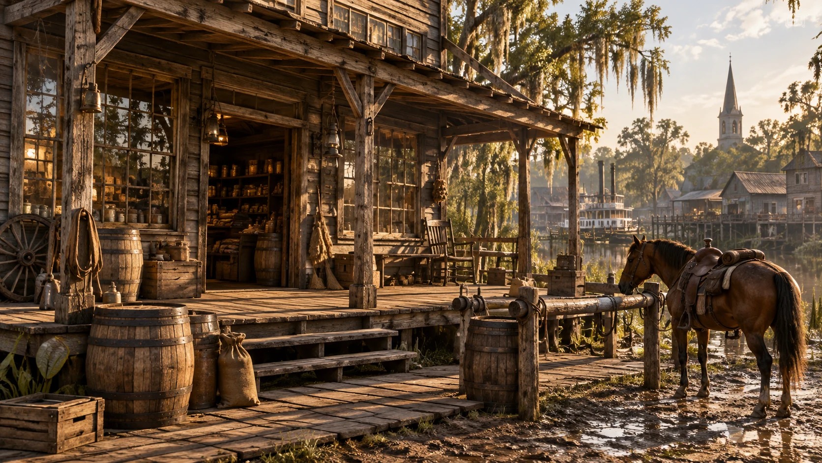 A frontier general store and wooden porch