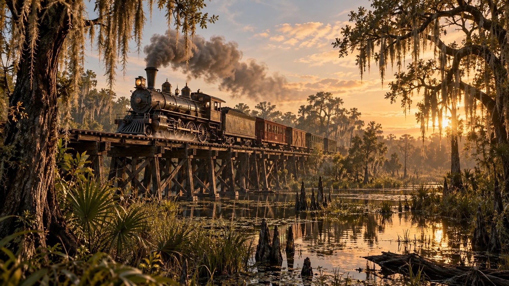 A steam train crossing a bayou railway trestle